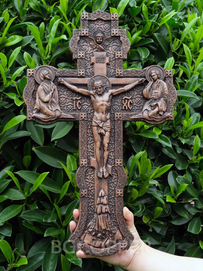 Wooden Orthodox Religious Carved Crucifix - Godly Grind Carved Natural Wood