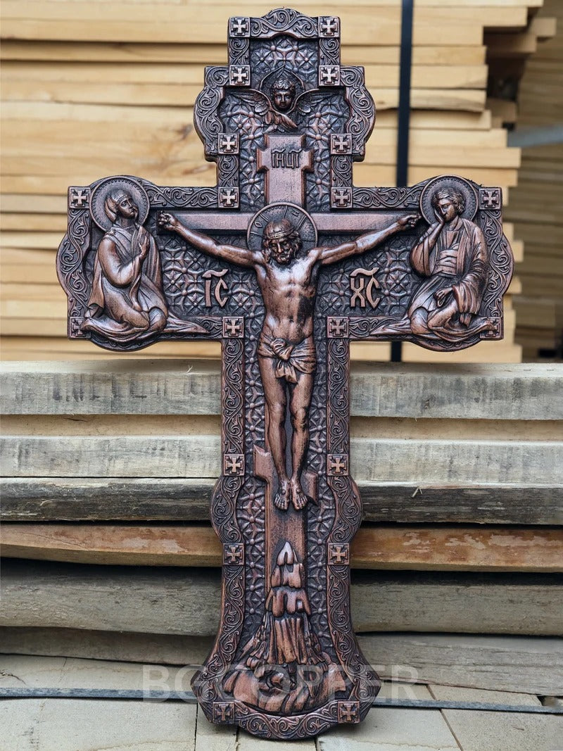 Wooden Orthodox Religious Carved Crucifix - Godly Grind Carved Natural Wood