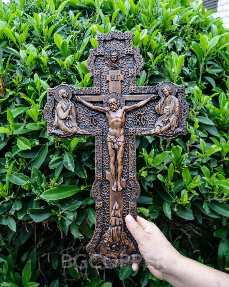 Wooden Orthodox Religious Carved Crucifix - Godly Grind Carved Natural Wood