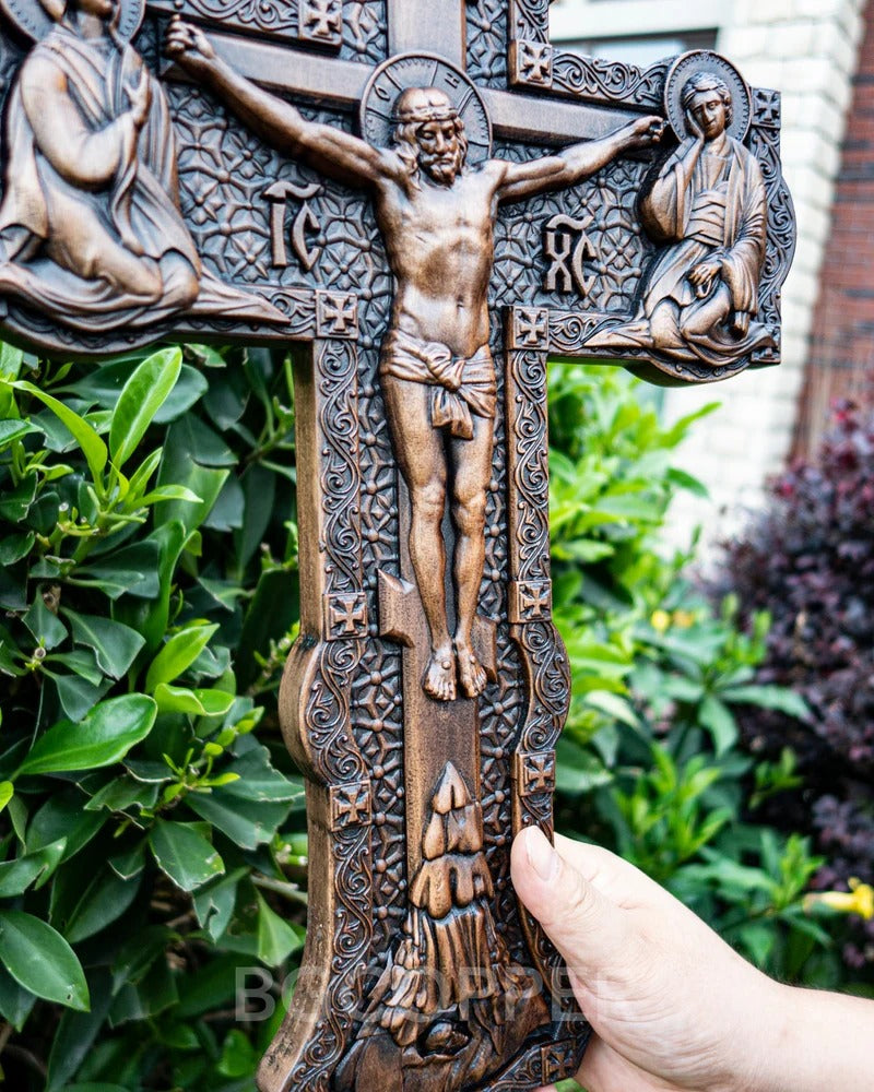 Wooden Orthodox Religious Carved Crucifix - Godly Grind Carved Natural Wood