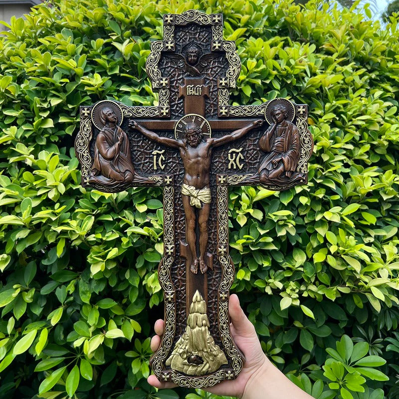 Wooden Orthodox Religious Carved Crucifix - Godly Grind Carved Natural Wood