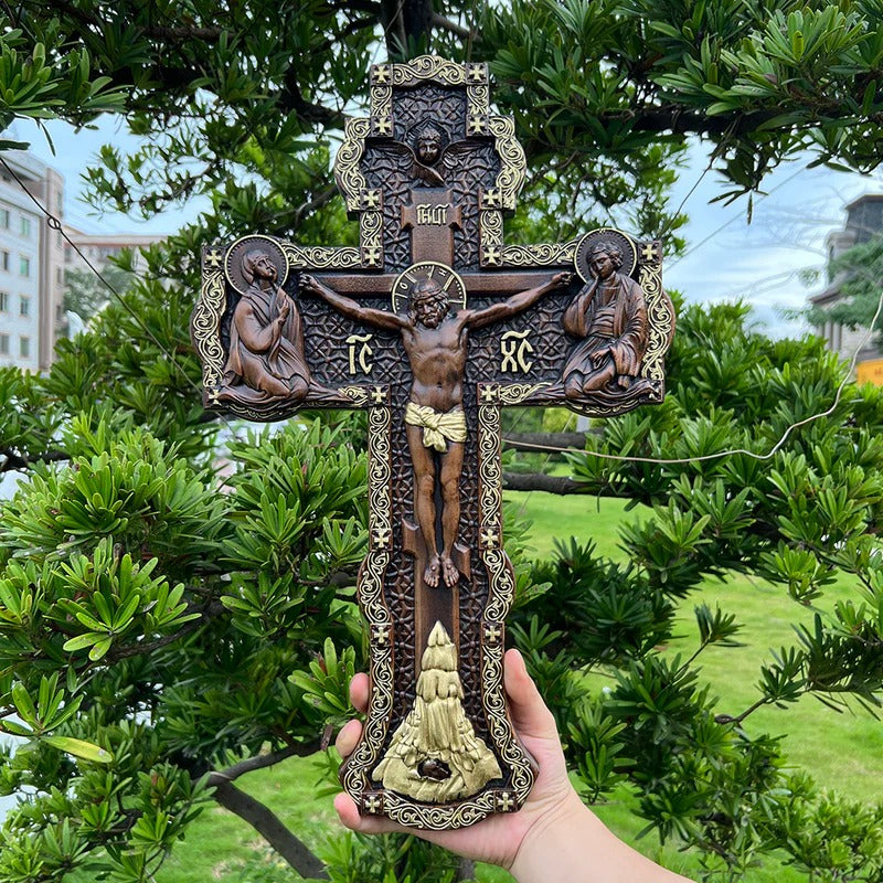 Wooden Orthodox Religious Carved Crucifix - Godly Grind Carved Natural Wood