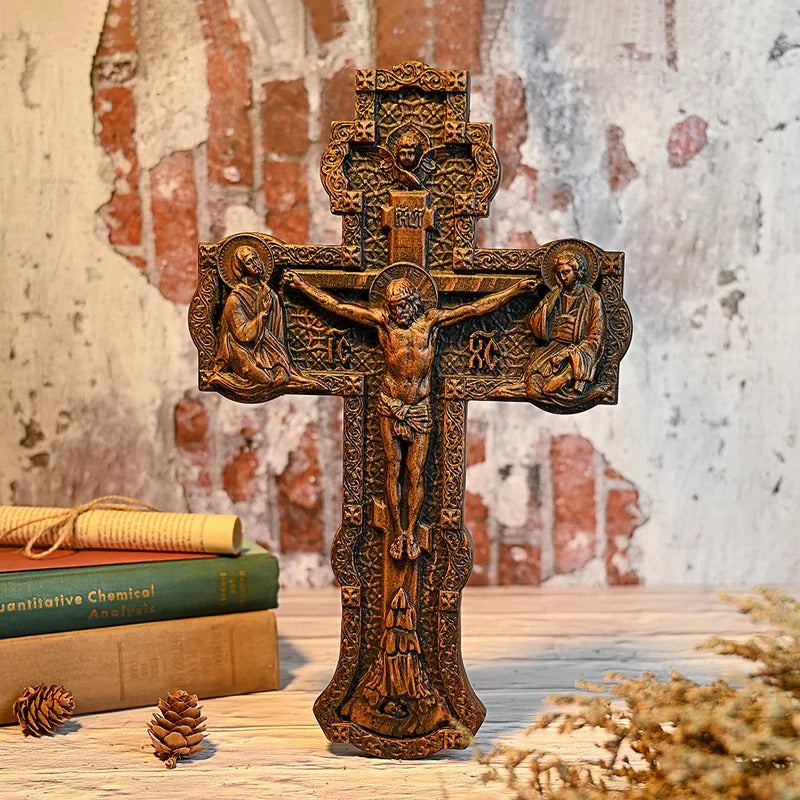 Wooden Orthodox Religious Carved Crucifix - Godly Grind Carved Natural Wood