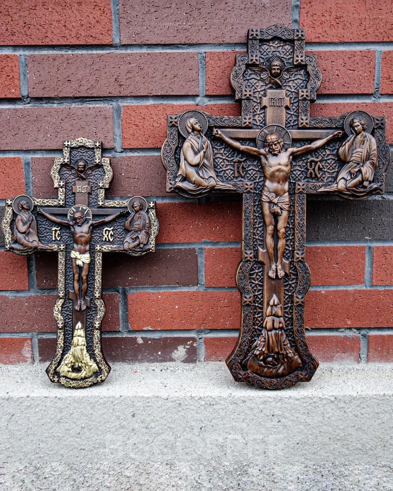 Wooden Orthodox Religious Carved Crucifix - Godly Grind Carved Natural Wood