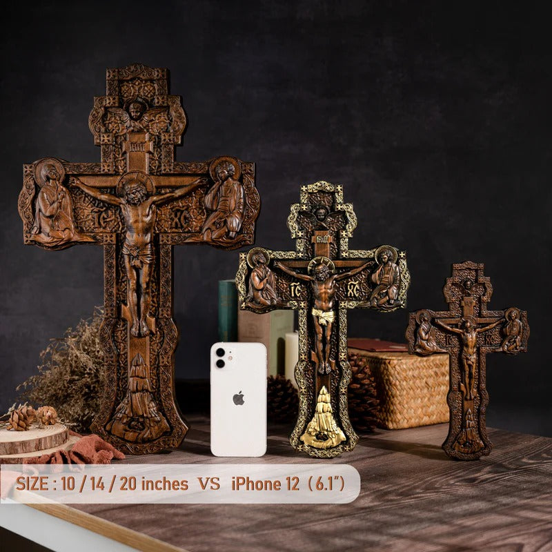 Wooden Orthodox Religious Carved Crucifix - Godly Grind Carved Natural Wood