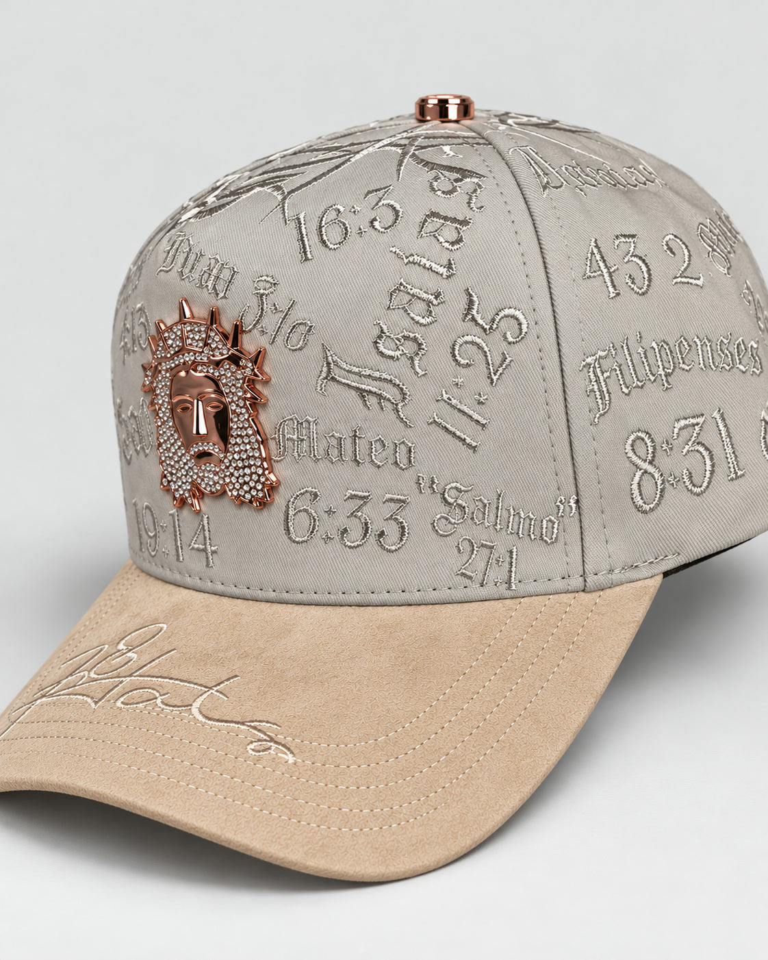 Crown of Thorns Scripture Cap - Grey / Tan - 3/4 right
