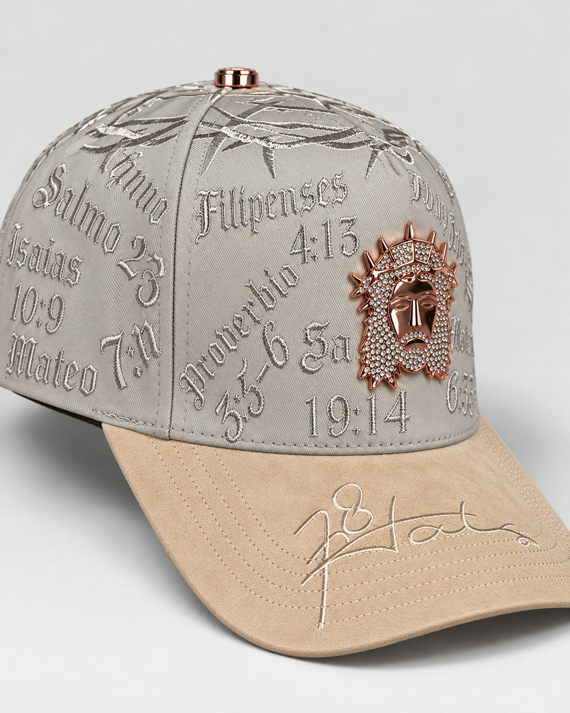 Crown of Thorns Scripture Cap - Grey / Tan - 3/4 left