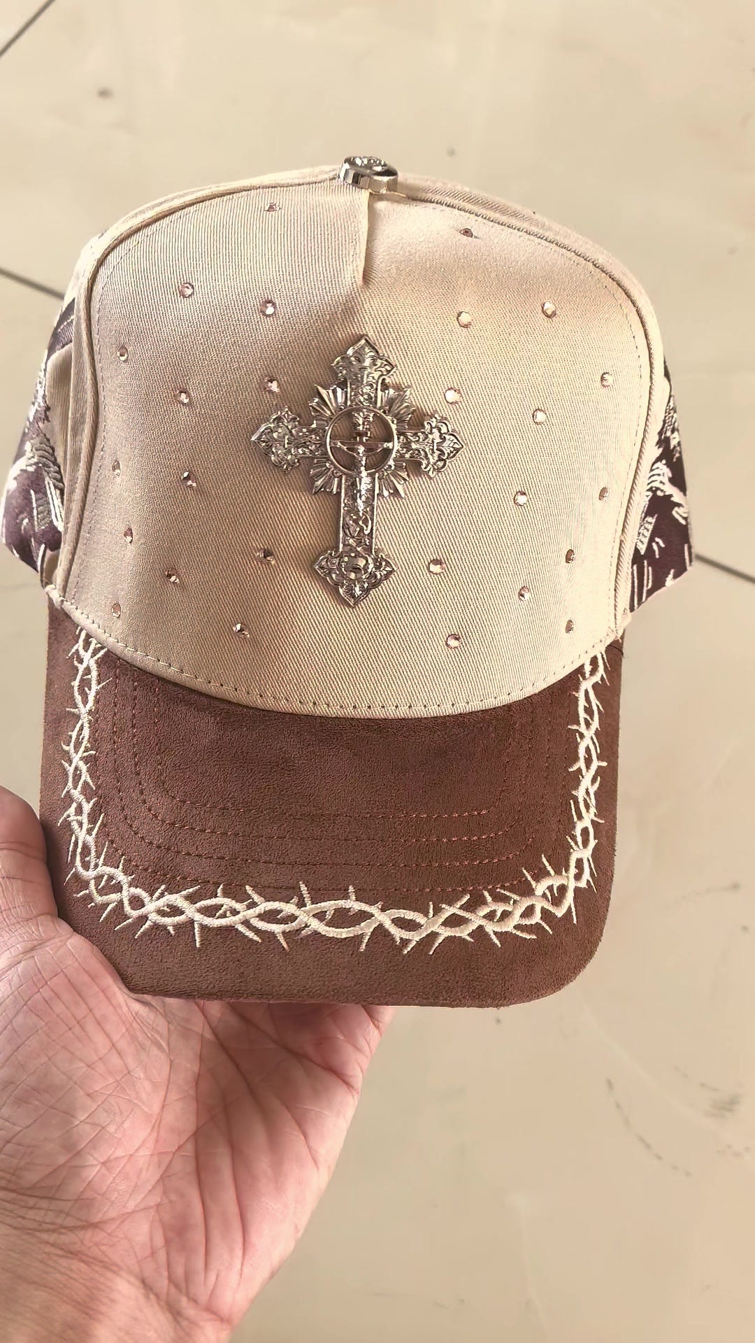 Rhinestone Gothic Cross Cap - Cream / Brown