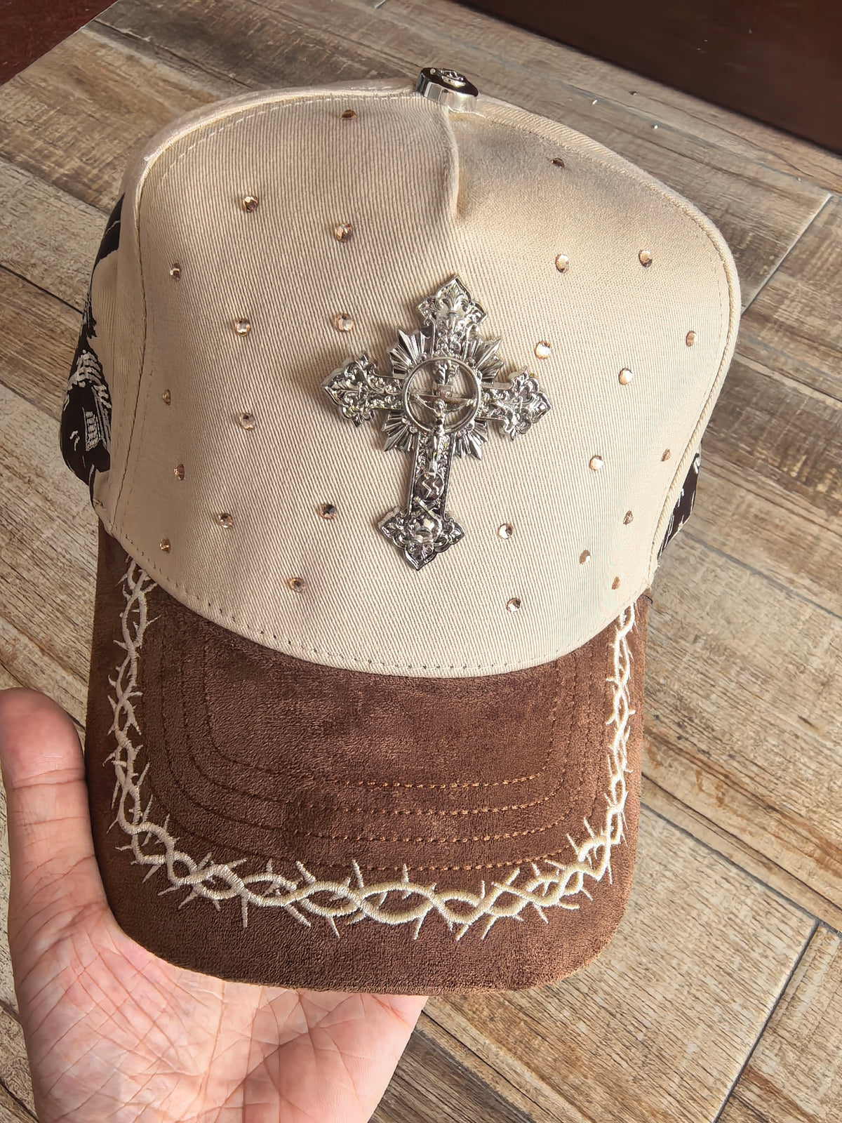 Rhinestone Gothic Cross Cap - Cream / Brown