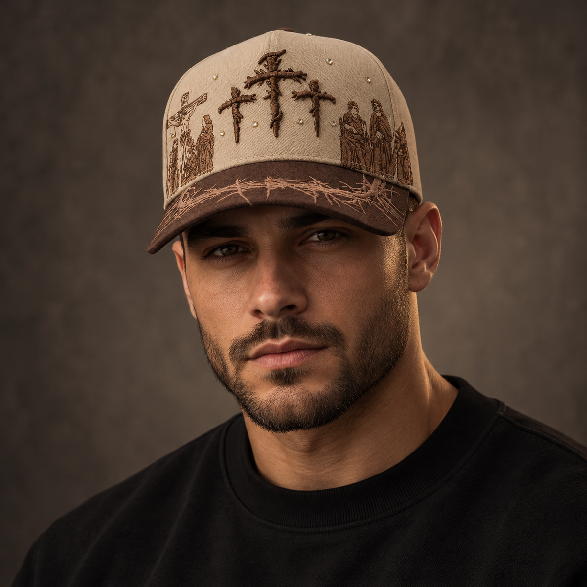 Godlygrind Triple Cross Embroidered Hat - Brown - AI studio styling portrait
