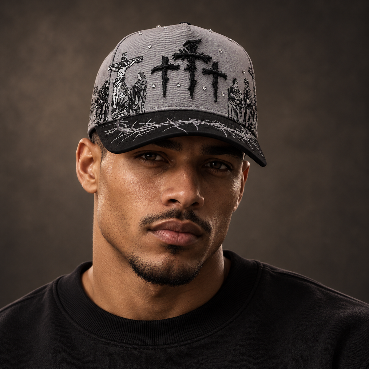 Godlygrind Triple Cross Embroidered Hat - Gray - AI studio styling portrait