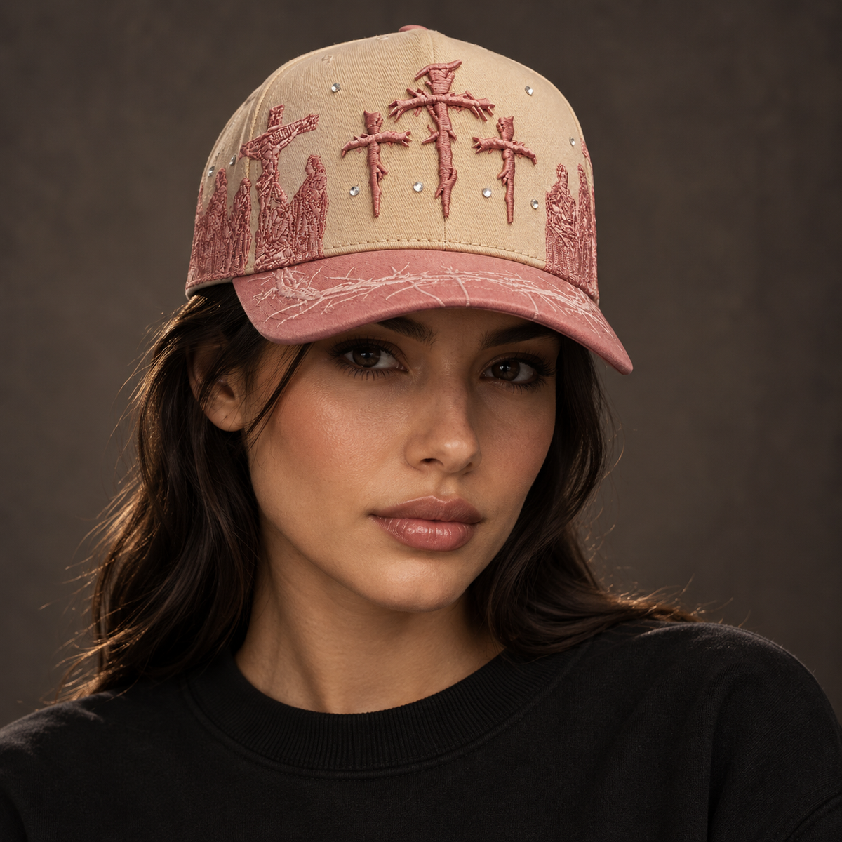 Godlygrind Triple Cross Embroidered Hat - Pink - AI studio styling portrait