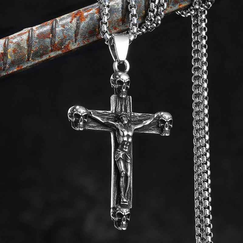 Crucifix of Judgment – Gothic Jesus Skull Cross Pendant