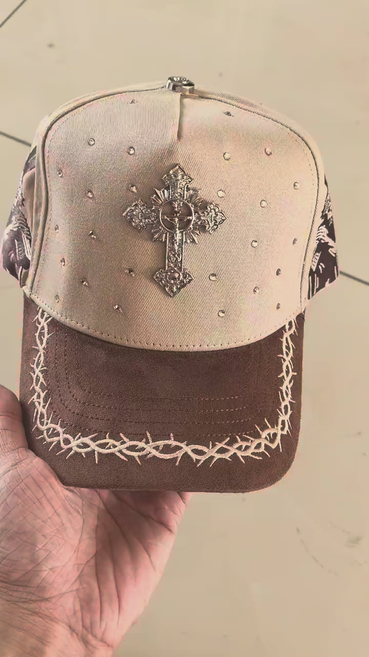 Rhinestone Gothic Cross Cap - Cream / Brown - video