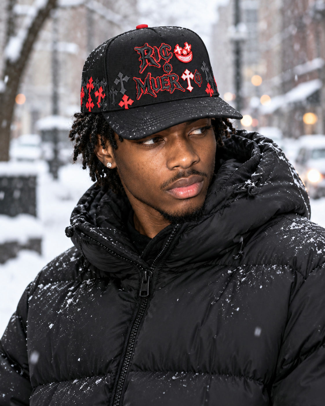 Red Crosses Black Cap - On model