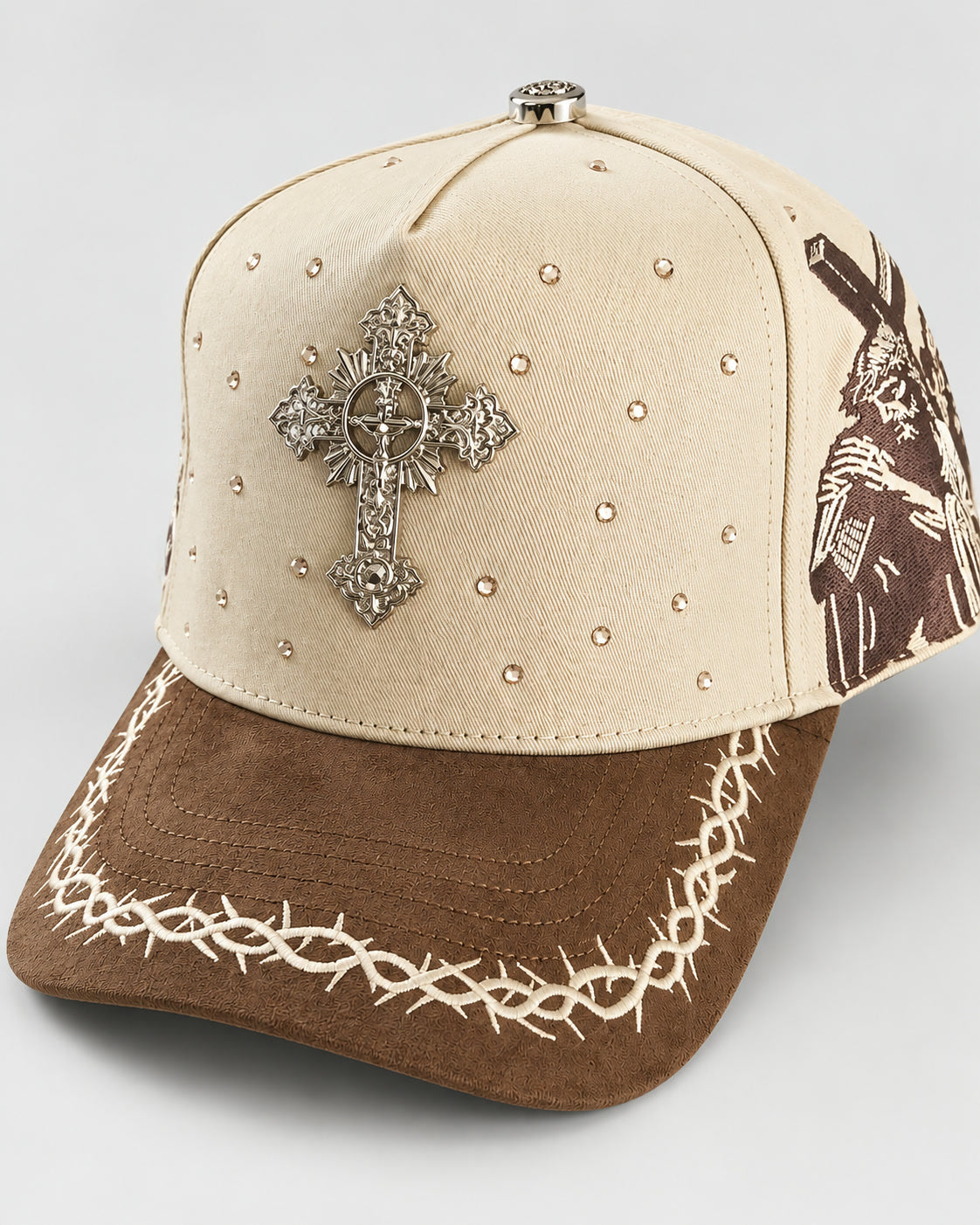 Rhinestone Gothic Cross Cap - Cream / Brown - 1