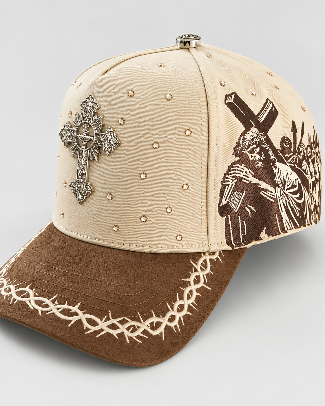 Rhinestone Gothic Cross Cap - Cream / Brown - 2