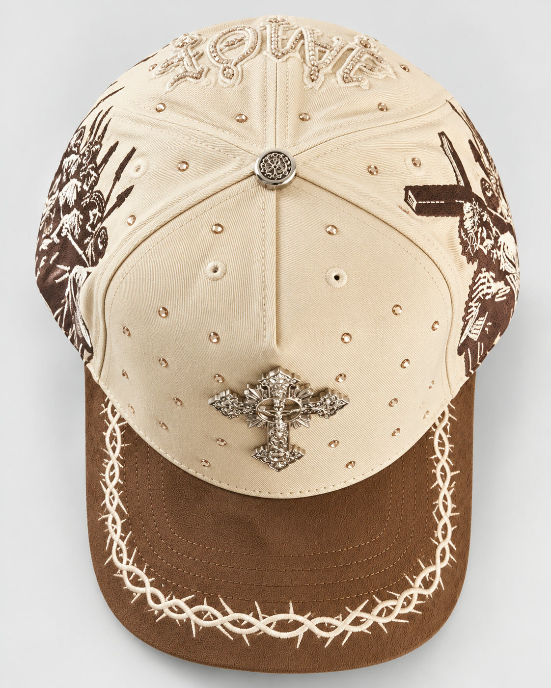Rhinestone Gothic Cross Cap - Cream / Brown - 3
