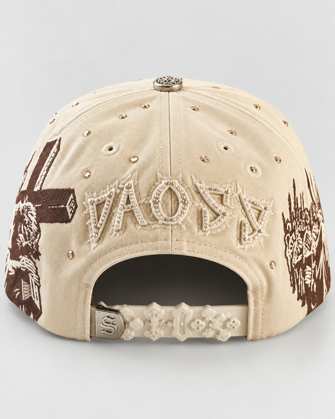 Rhinestone Gothic Cross Cap - Cream / Brown - 4