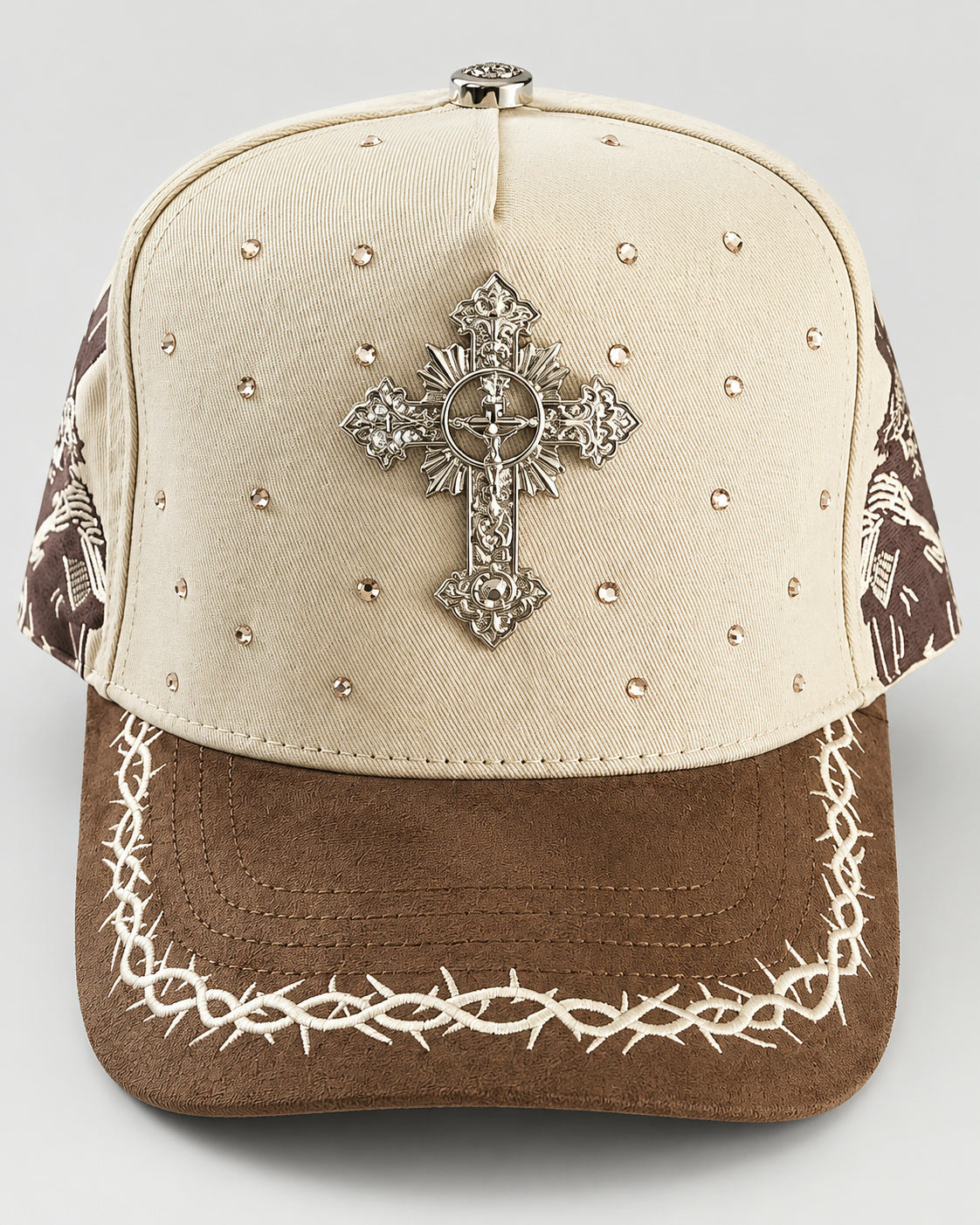 Rhinestone Gothic Cross Cap - Cream / Brown - 6