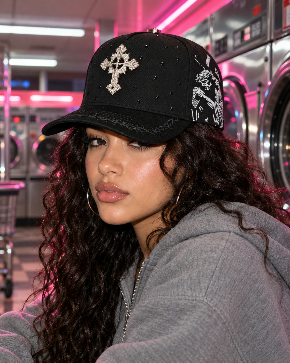 Rhinestone Gothic Cross Cap - On model
